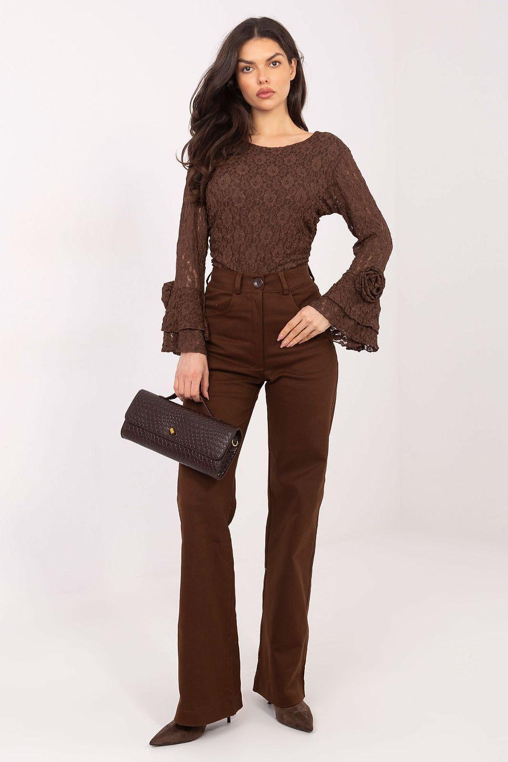 Brown straight-to-flare jeans with button closure, belt loops, and front pockets.