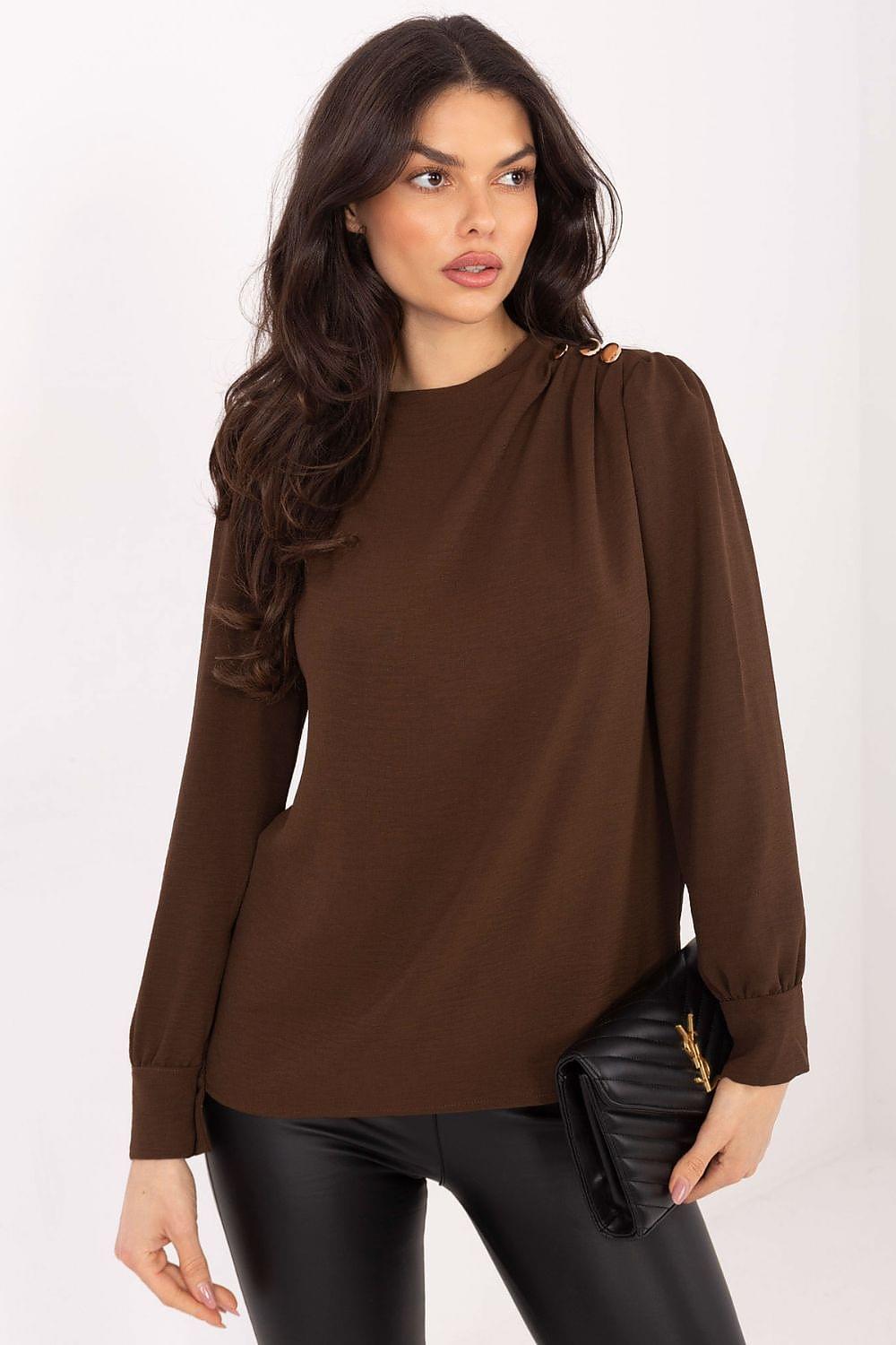 Brown blouse with draped neckline and long cuffed sleeves