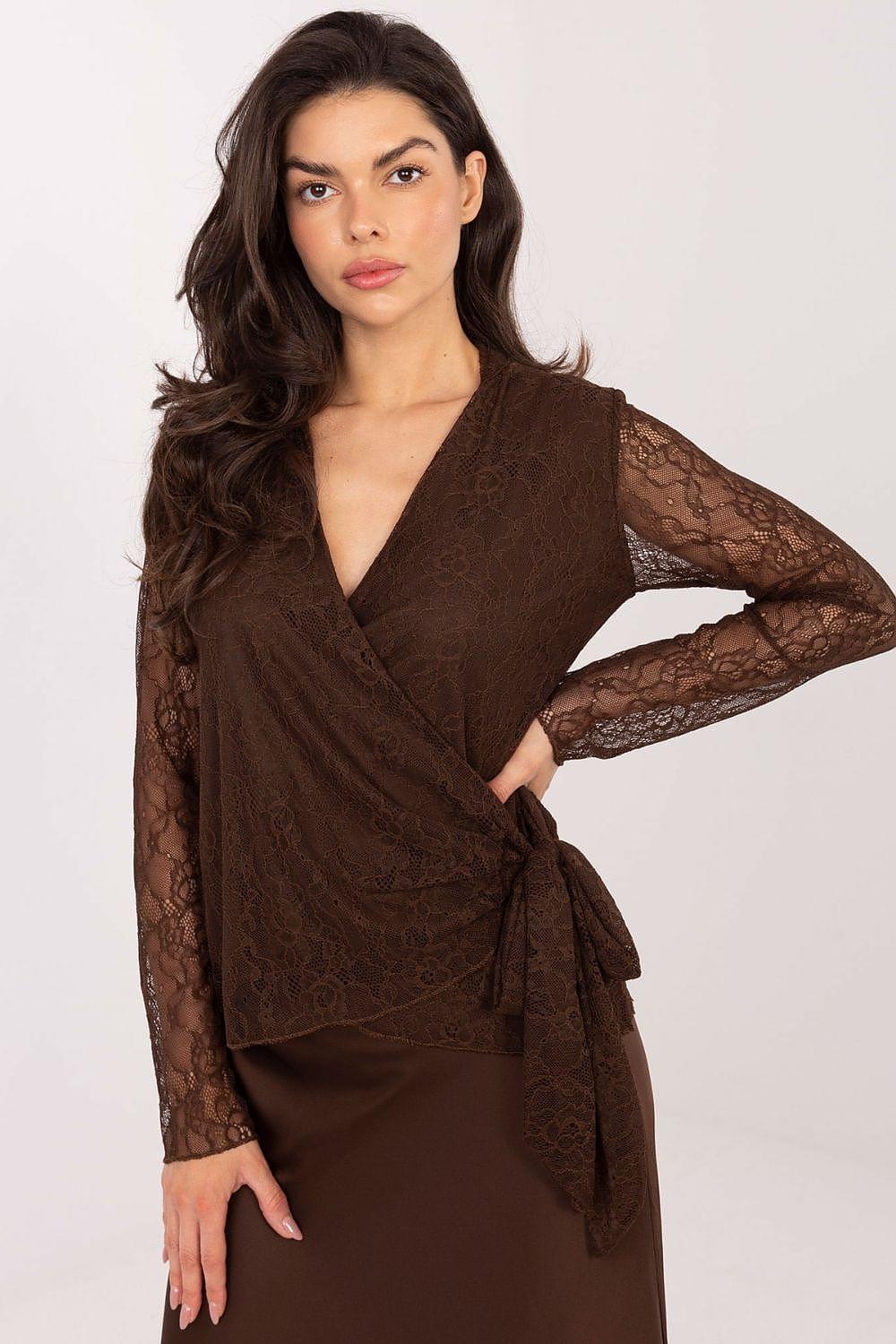 Brown lace wrap blouse with V-neck, long sheer lace sleeves, tied at waist