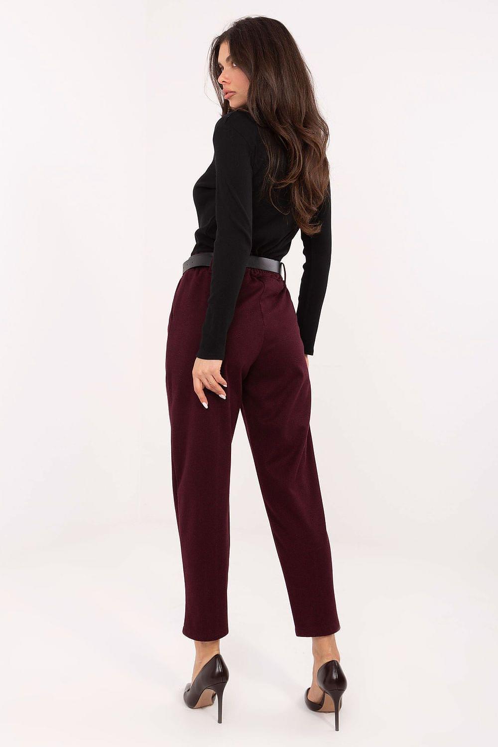 Maroon high-waist trousers with belt loops, ankle length, rear view