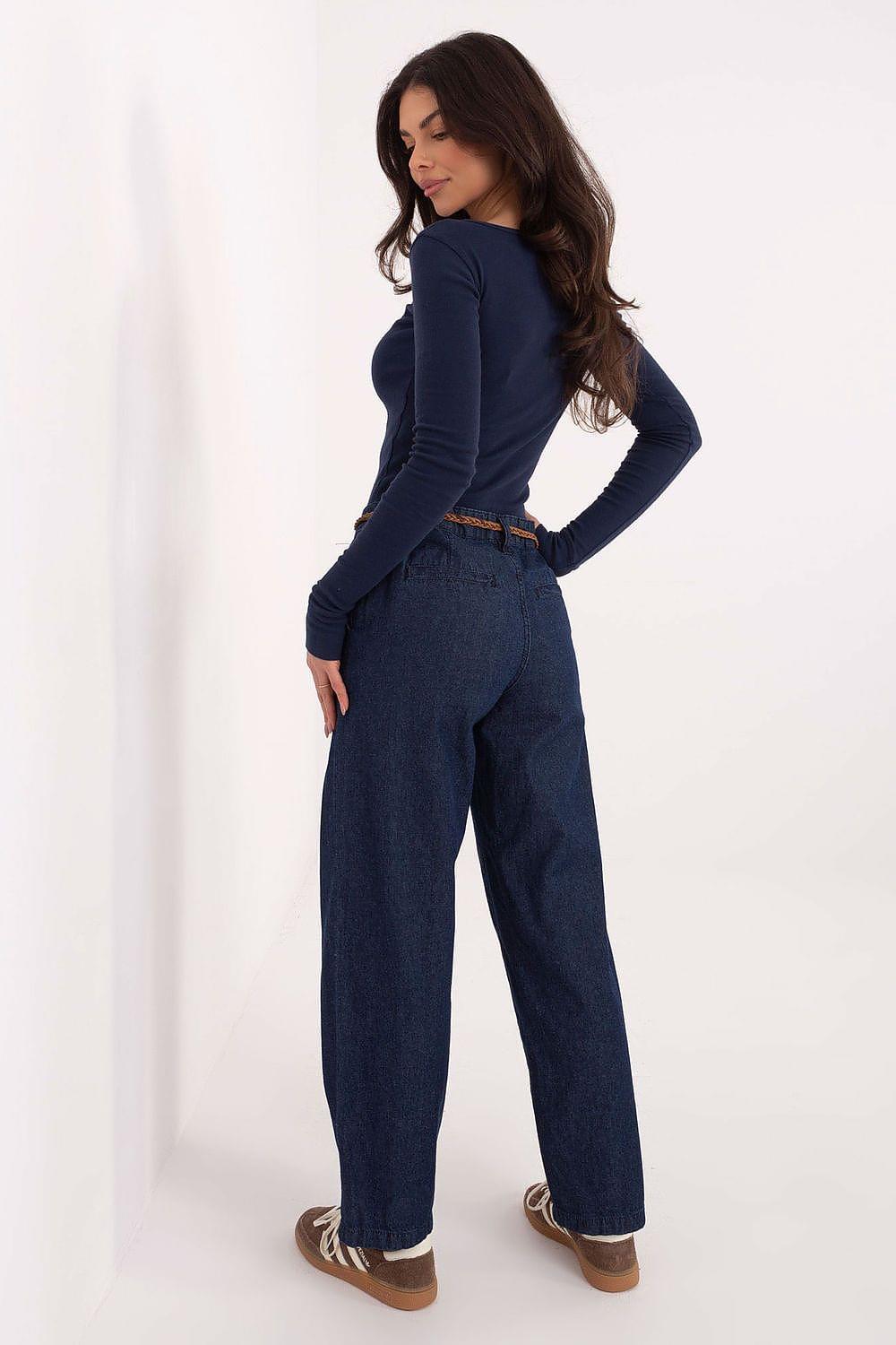 Navy blue denim jeans with straight leg and brown belt
