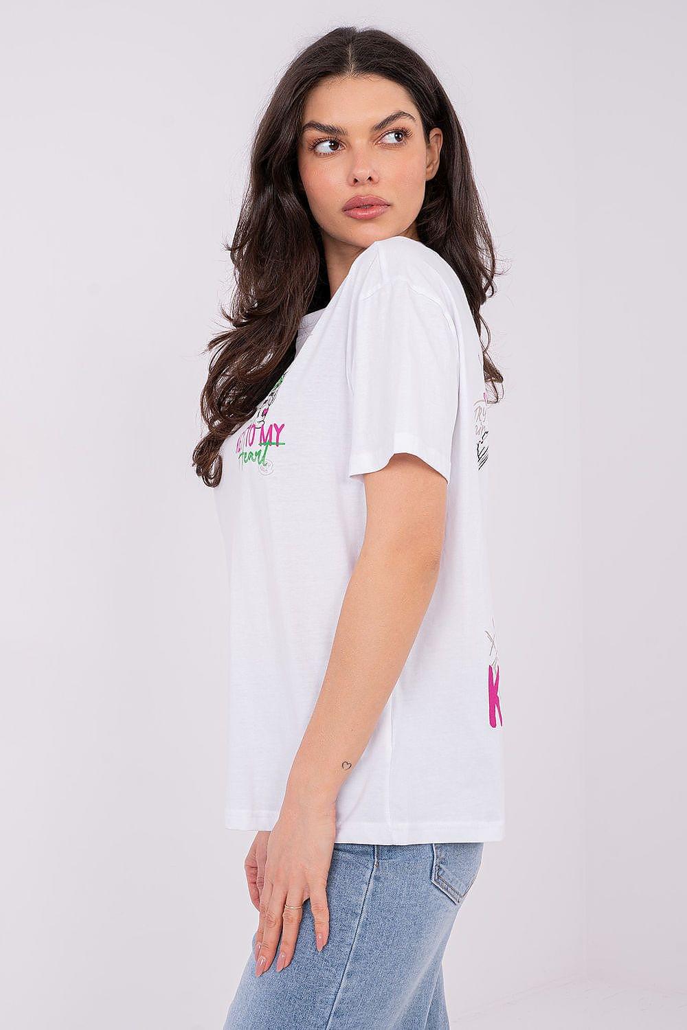 White T-shirt with colorful side graphic print, short sleeves, crew neck