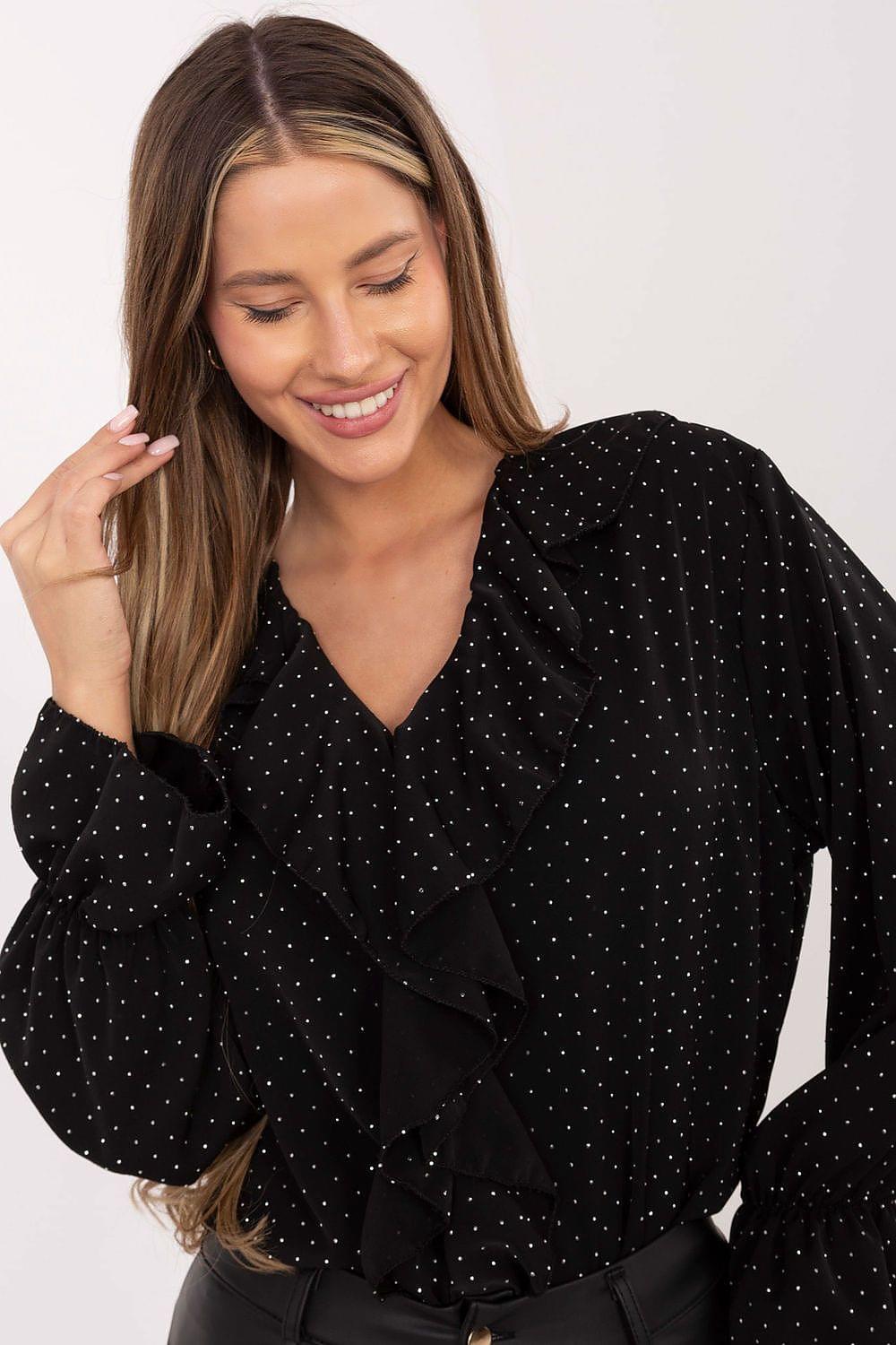 Black polka-dot blouse with V-neck, layered ruffle front and long sleeves