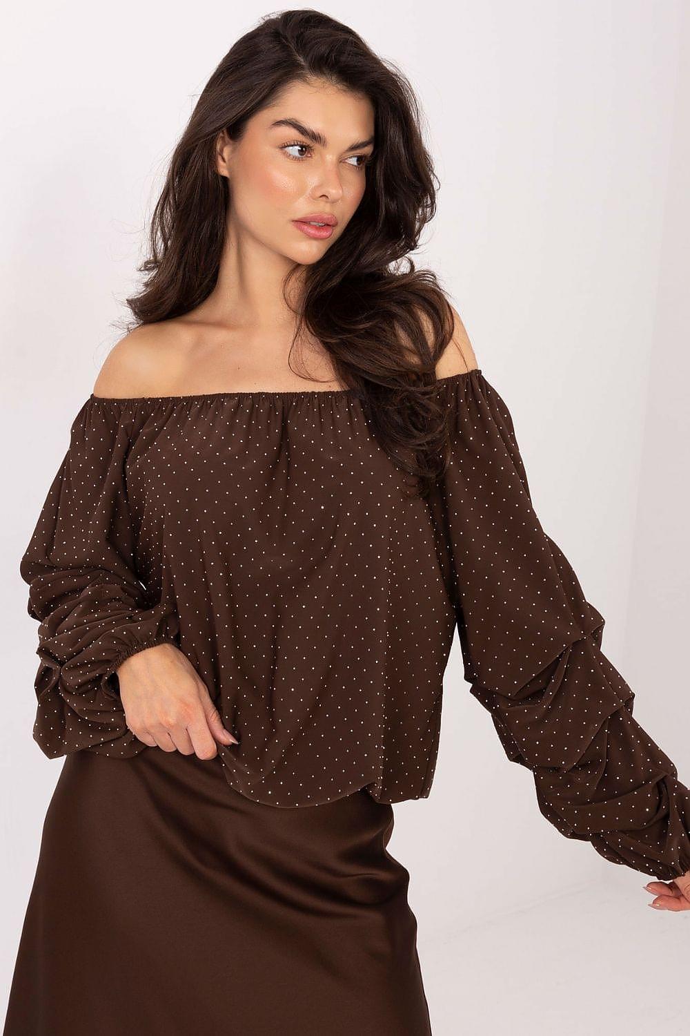Brown off-shoulder blouse with small dot pattern and wide balloon sleeves