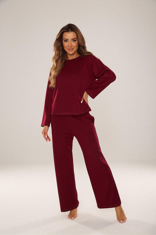 De Lafense 2-piece set: long-sleeve crew-neck top and wide-leg pants, deep burgundy