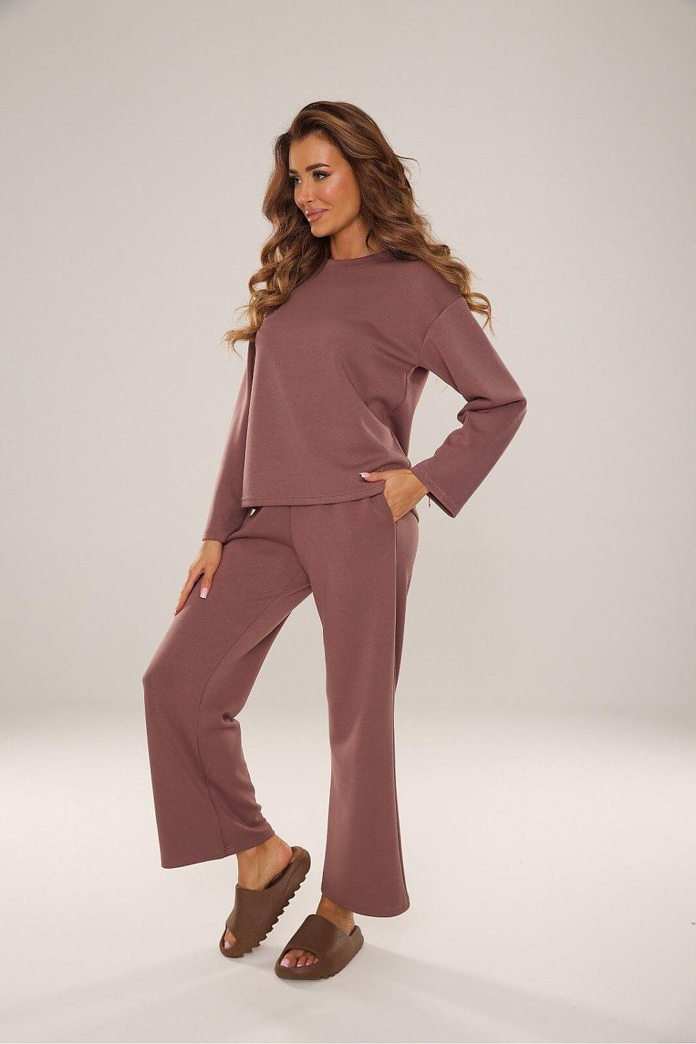 De Lafense 2-piece set: long-sleeve top and wide-leg pants, mauve