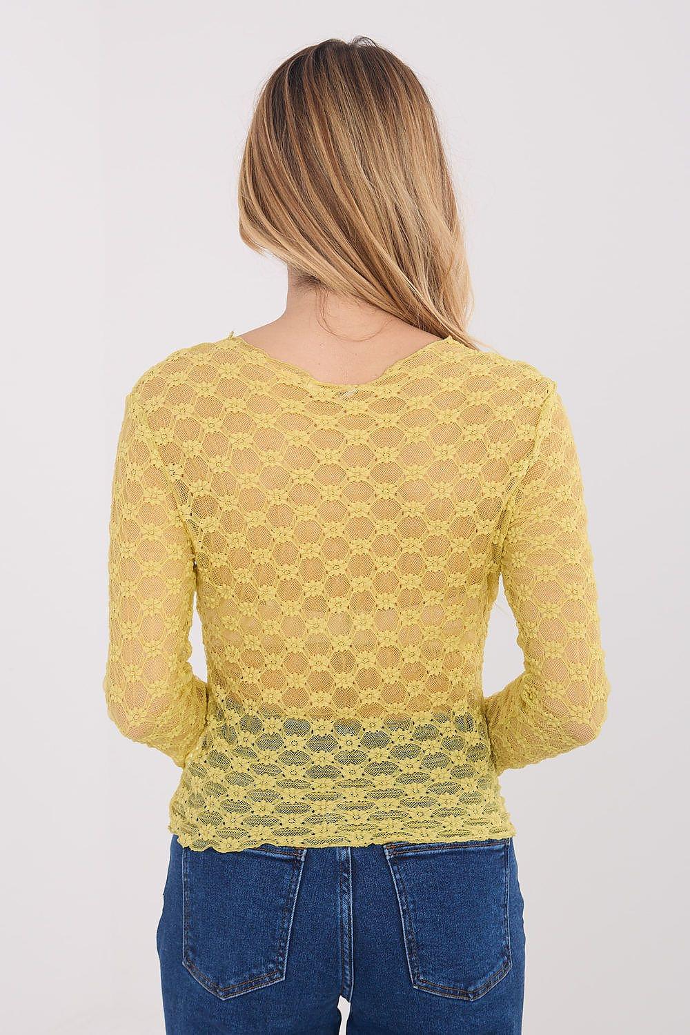 Mustard yellow lace blouse back view, long sleeves, lace-trim crew neck with geometric pattern.