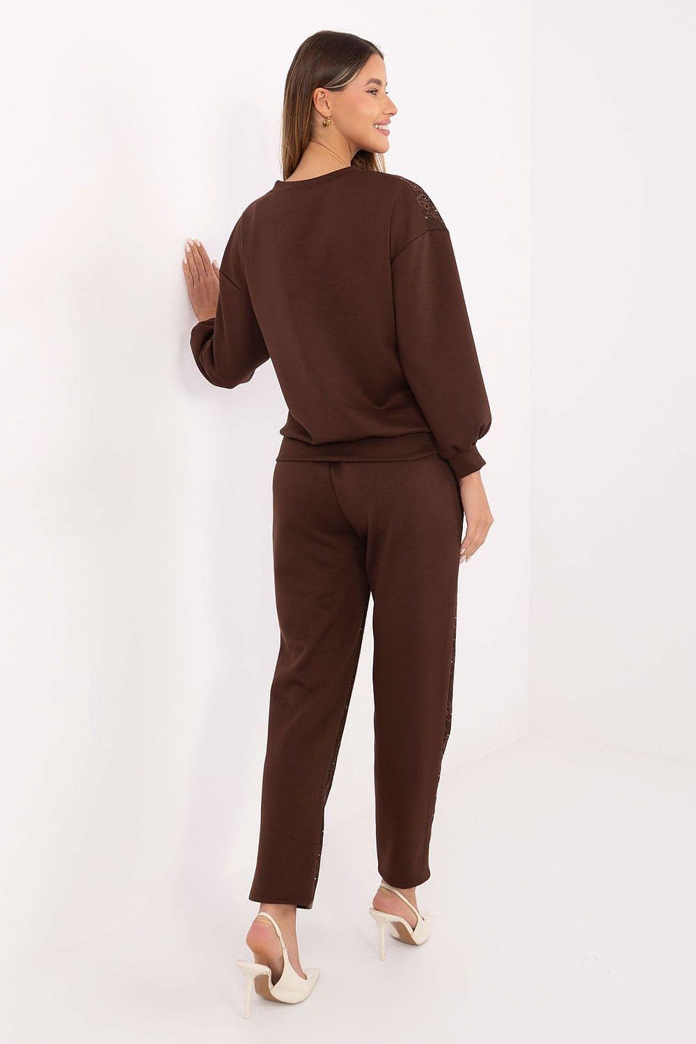 Speckled two-piece loungewear set: pullover hoodie and jogger pants, brown, back view.