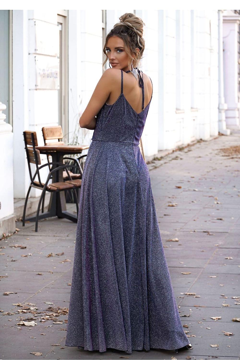 Long shimmer maxi dress with open back, spaghetti straps, and side slit, dark blue