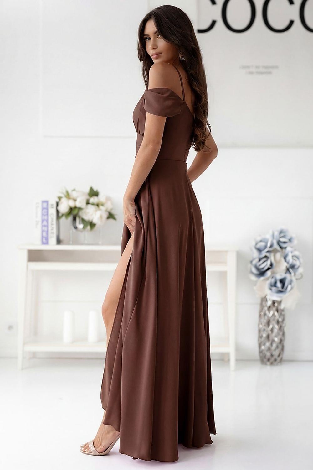 Brown sleeveless maxi dress with draped bodice and long skirt with side slit