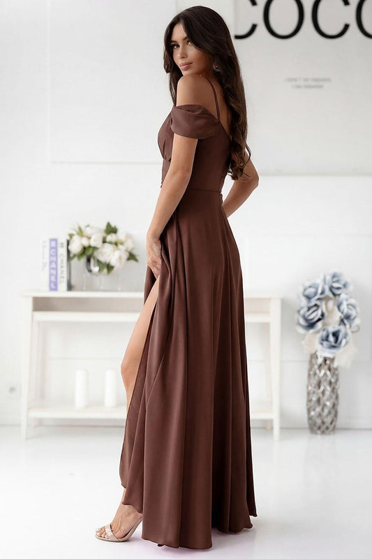Brown long evening dress, draped one-shoulder bodice and flowing skirt with slit