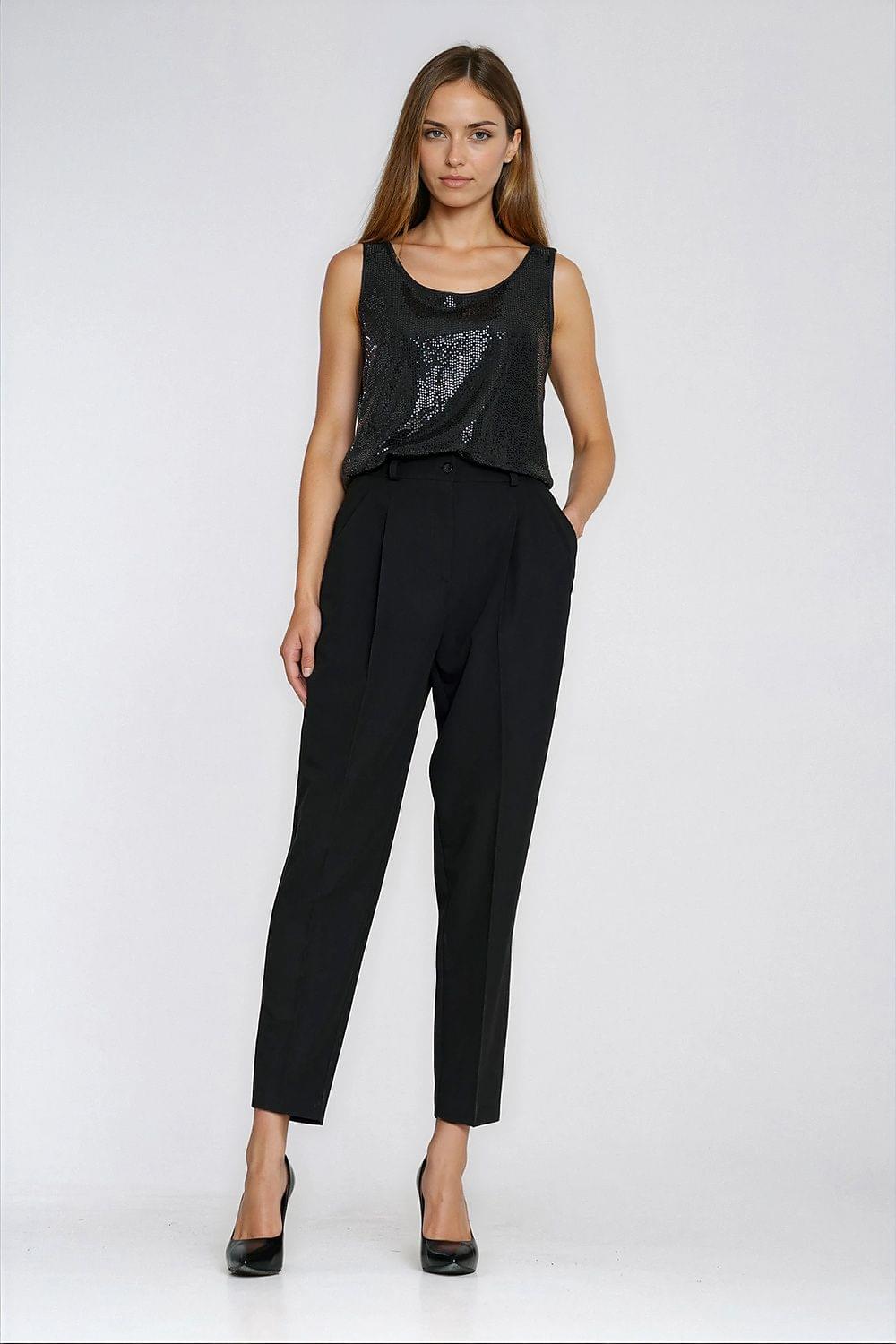 Women’s black trousers with high waist, tapered leg and belt loops