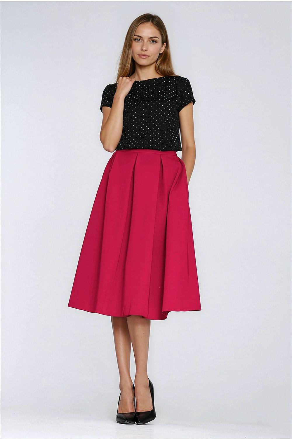 Red midi A-line skirt with pleated front and smooth waistband