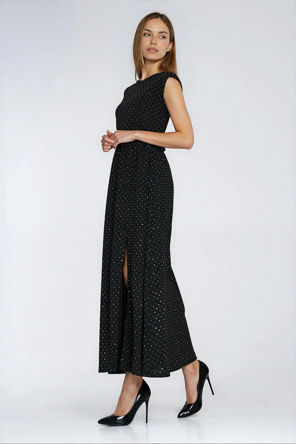 Black evening dress with cap sleeves, round neck, side slit, fitted waist seam
