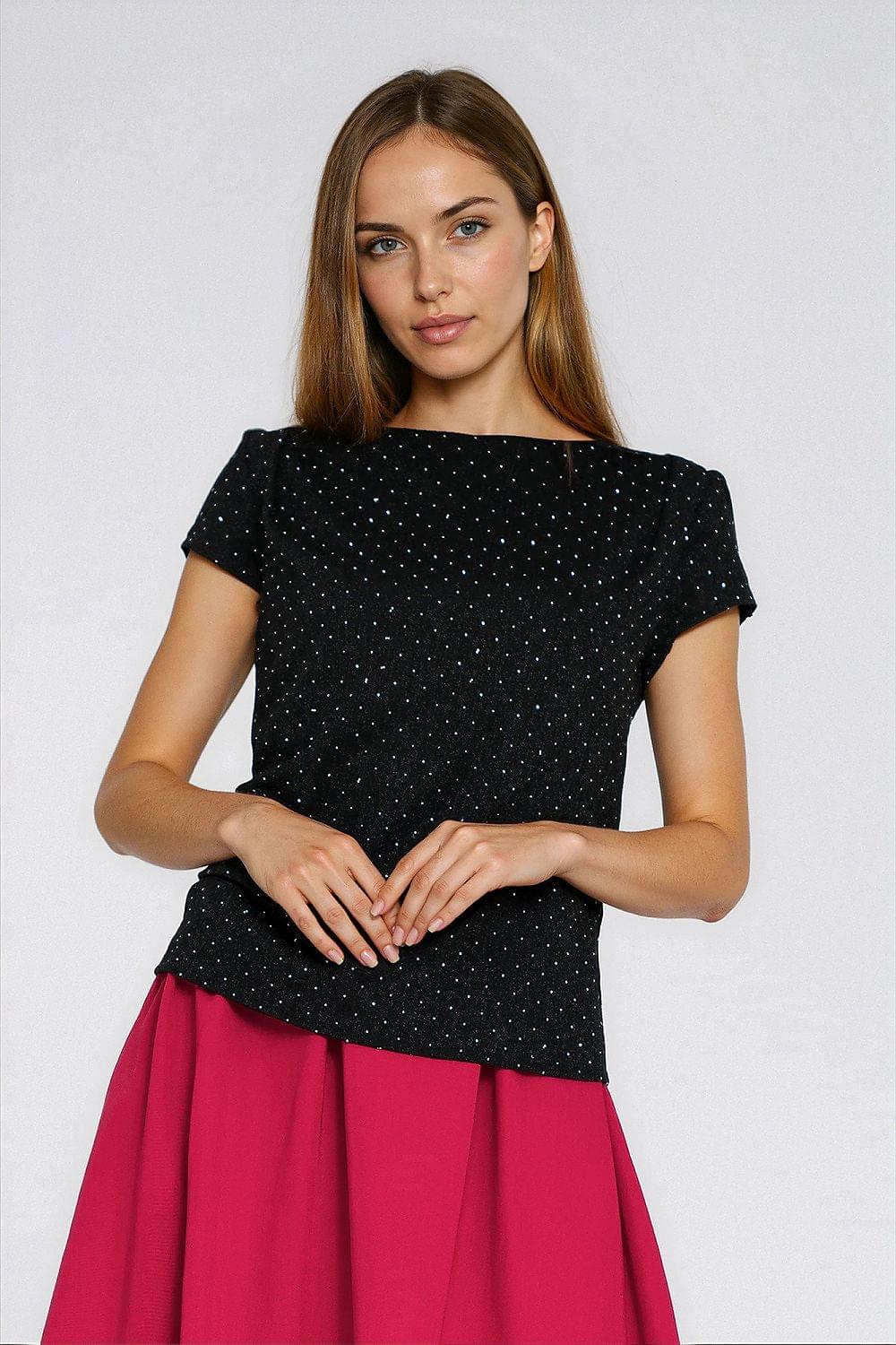 Nife black short-sleeve blouse with tiny dots and boat neckline.