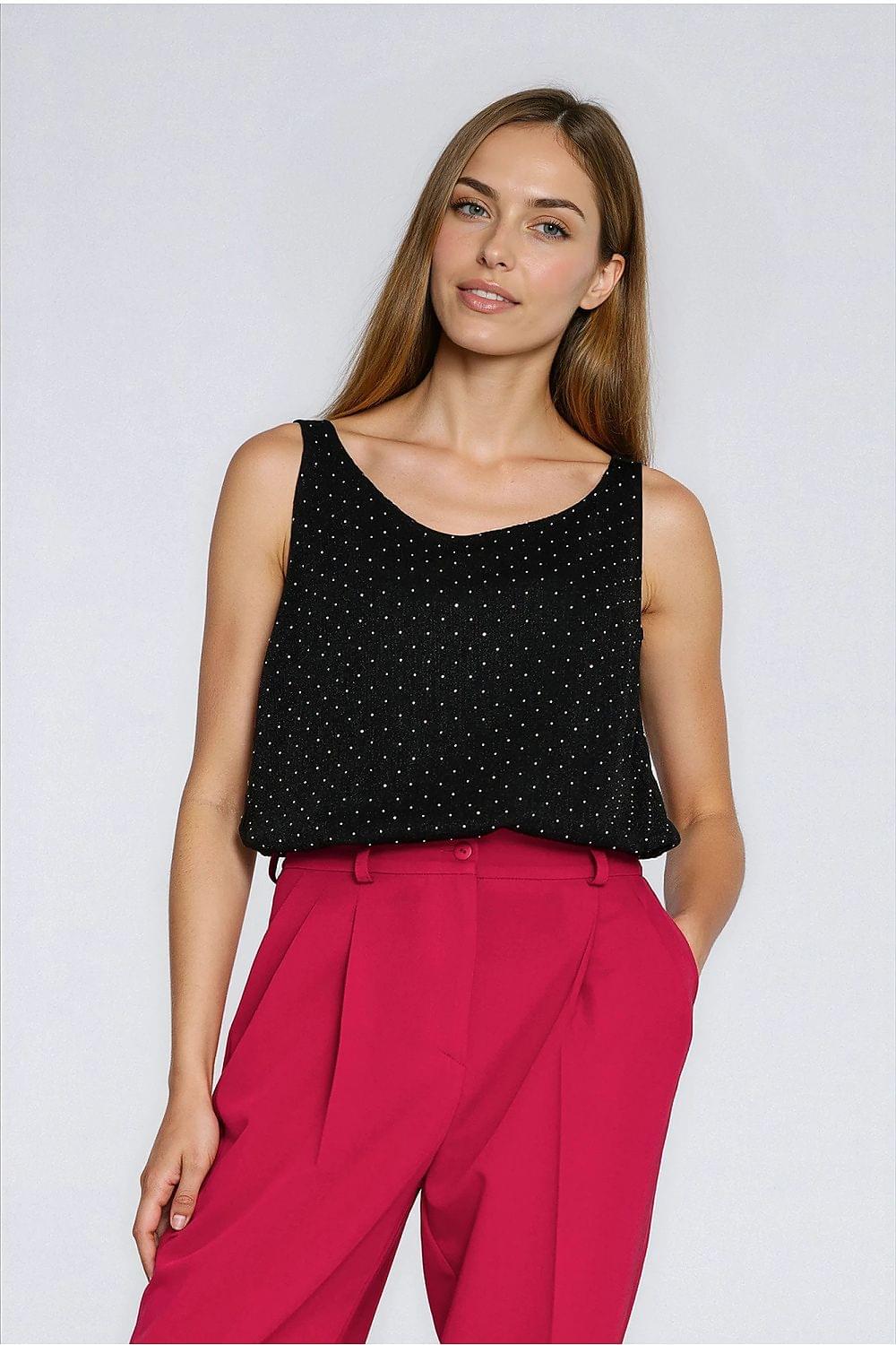 Black sleeveless blouse with dot print and scoop neckline, straight hem