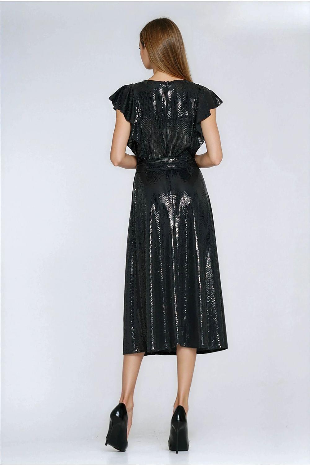 Black evening dress with short ruffled sleeves and back waist tie, midi