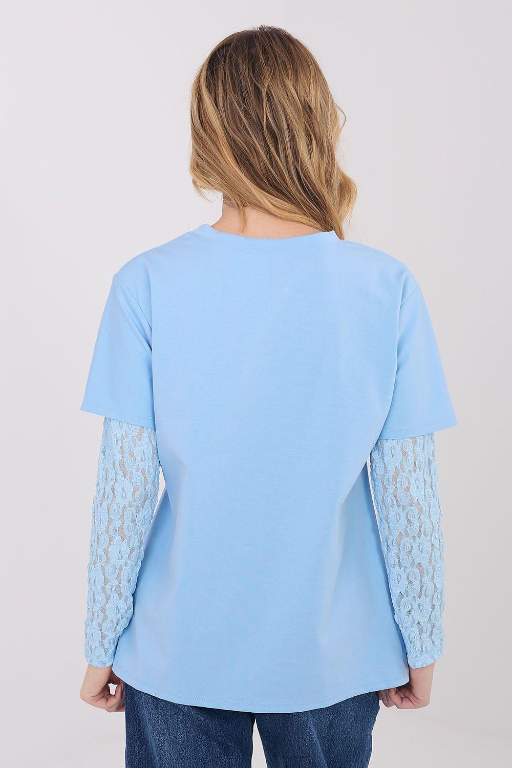 Back view light blue blouse with lace sleeves and crew neckline, straight hem