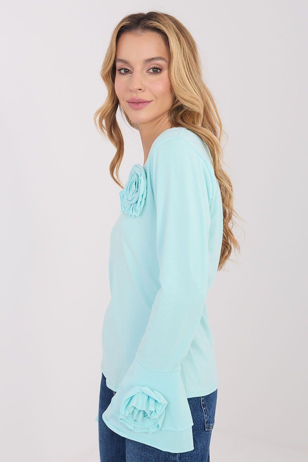 Turquoise long-sleeve blouse with rosette detail at shoulder and cuff ruffles