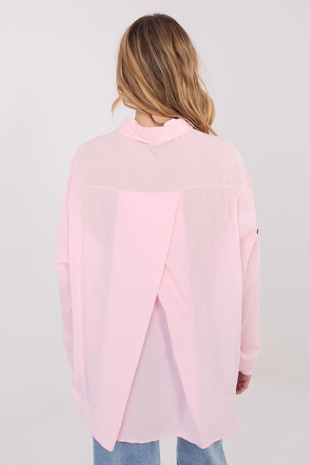 Pink long sleeve shirt with asymmetrical back panel and wide hem