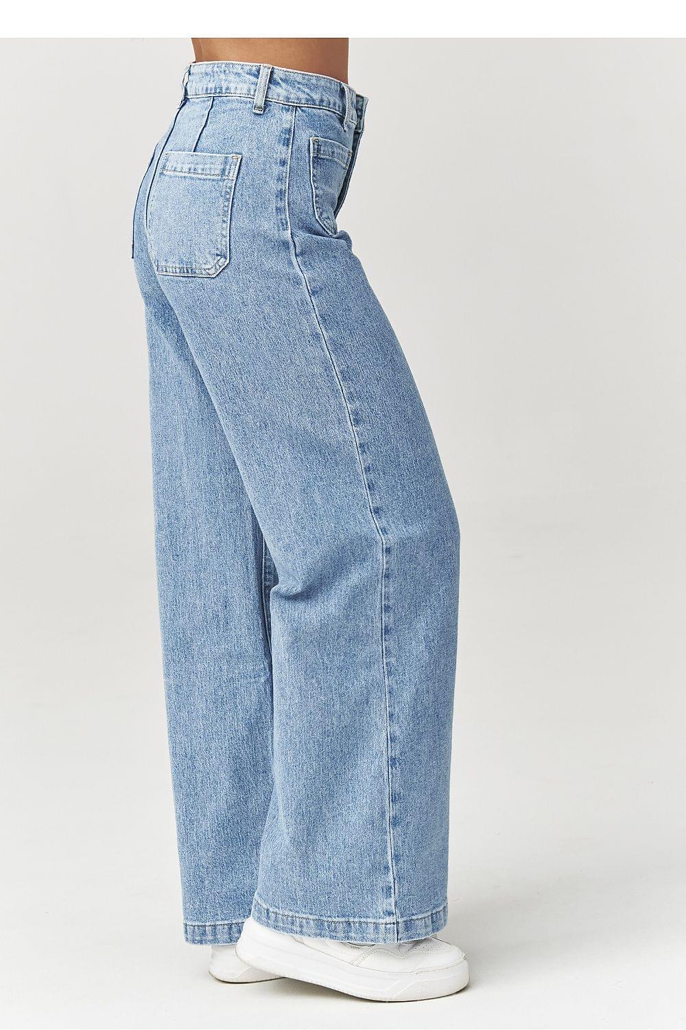 Light blue high-rise wide-leg jeans with belt loops and side seam stitching