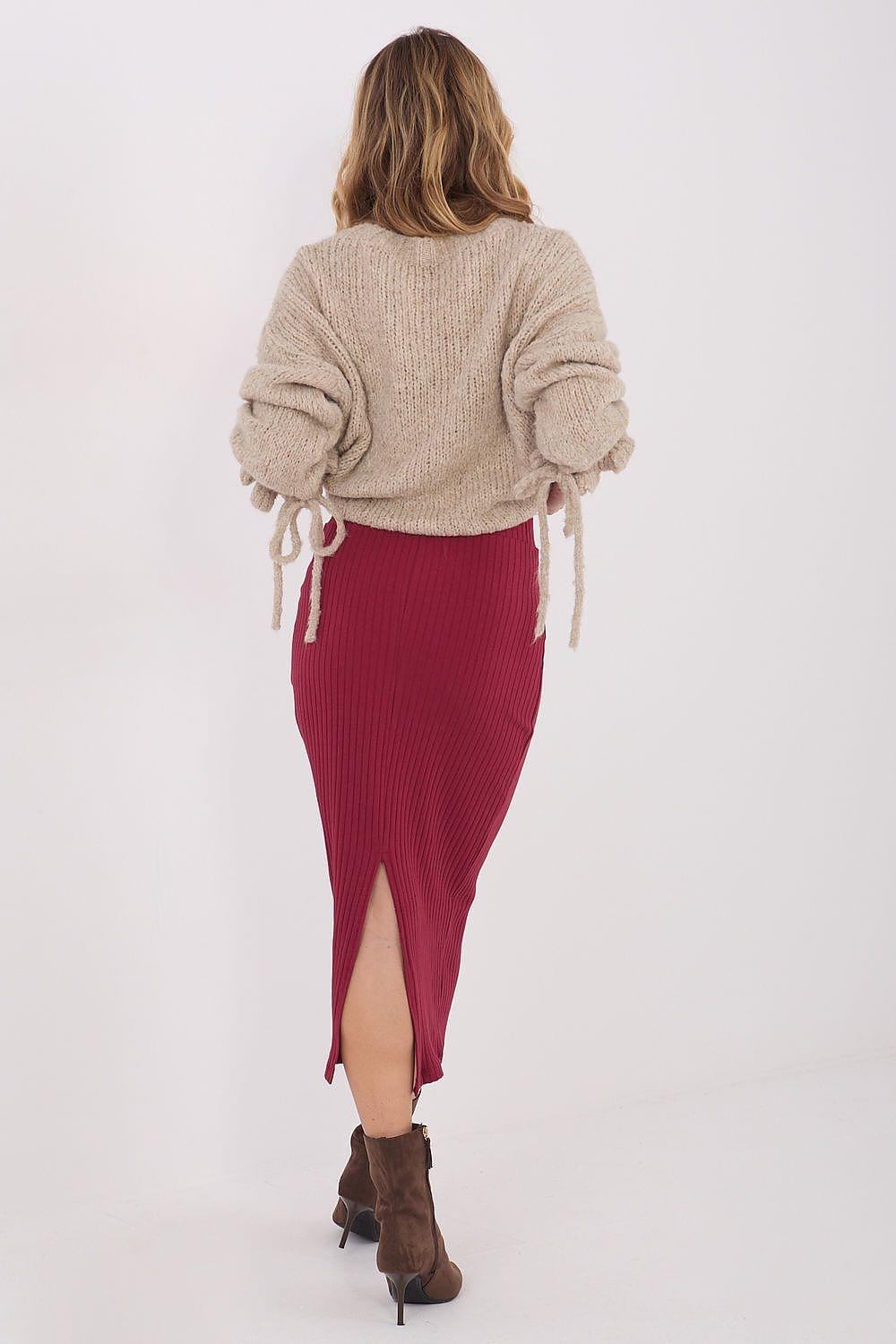 Back view ribbed pencil skirt with center slit, maroon/red