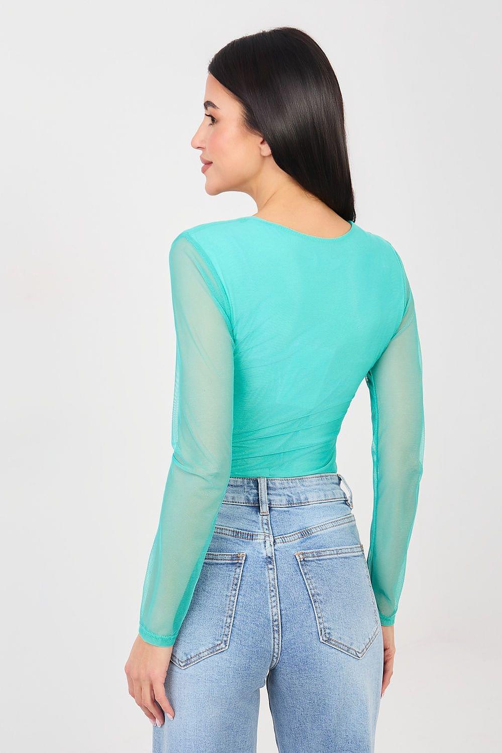 Turquoise long-sleeve fitted bodysuit with back view and sheer sleeves