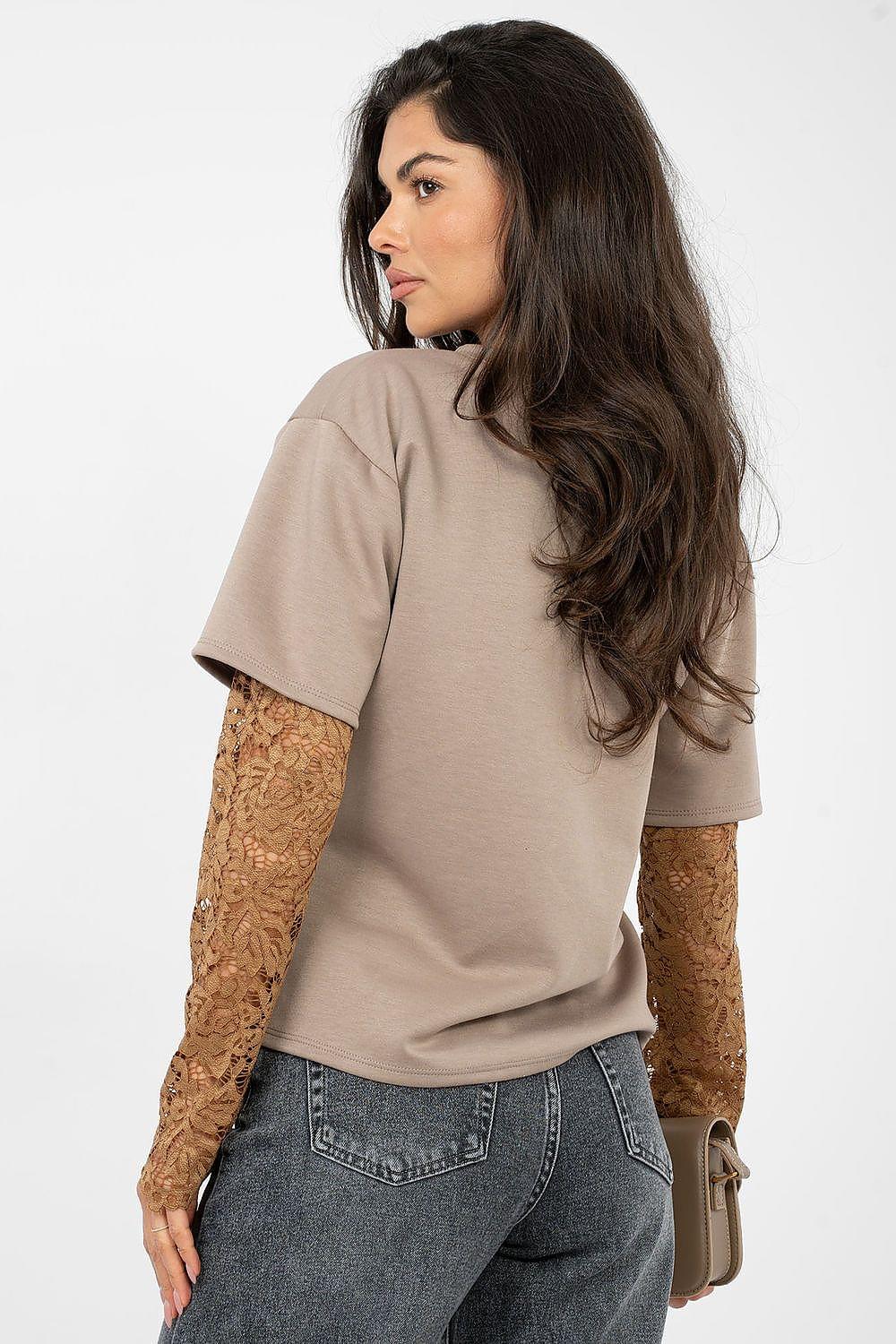 Beige blouse with lace sleeves, crew neck, relaxed short-sleeve fit