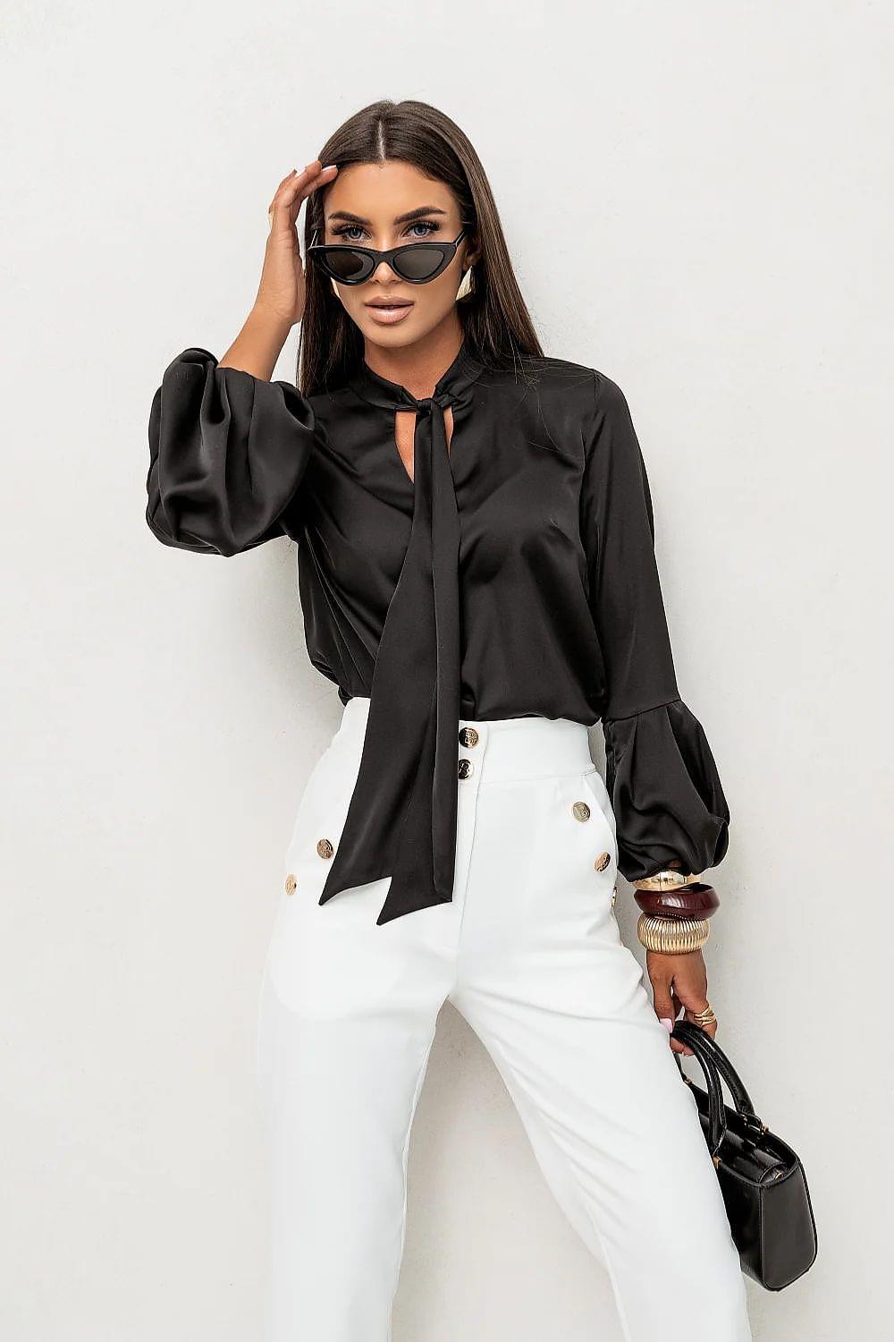 Black long-sleeve shirt with tie-neck detail and button-front placket