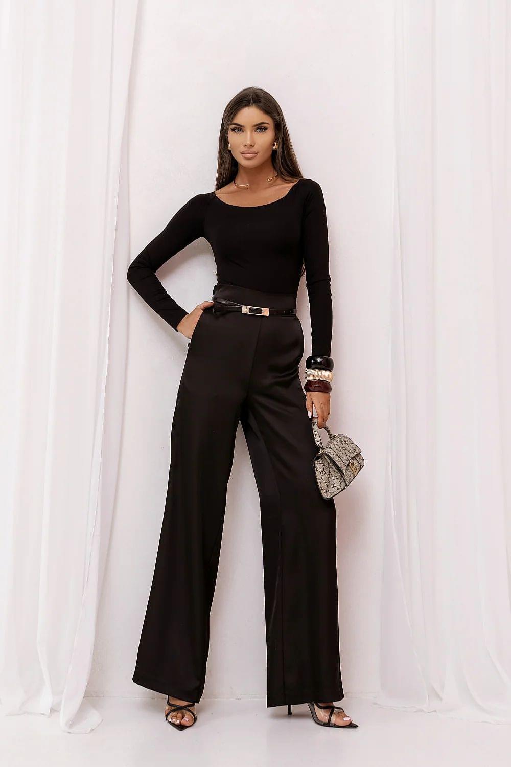 Women high-waist wide-leg trousers, black with belt and long straight wide legs