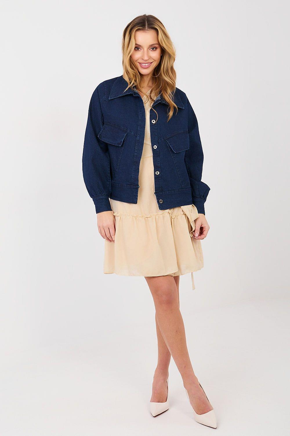 Navy snap-front jacket with beige tiered skirt and pockets