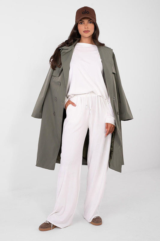 Olive long coat over white velour hoodie and wide-leg pants set, front view