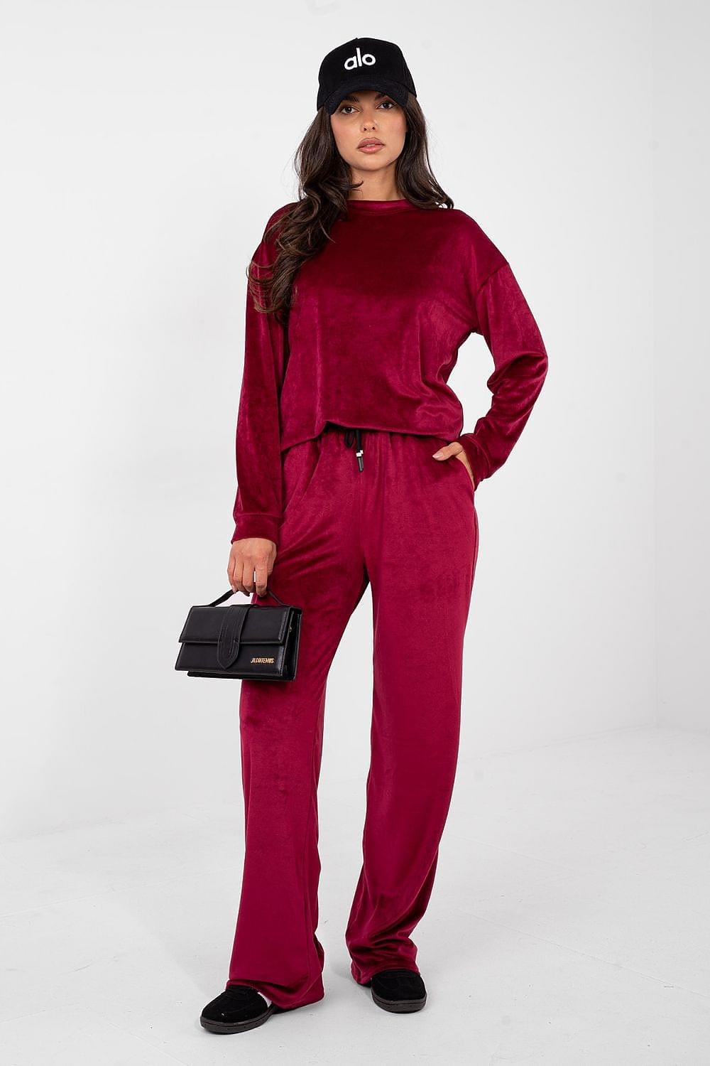 Burgundy velour hoodie and wide-leg pants set, full-body front view