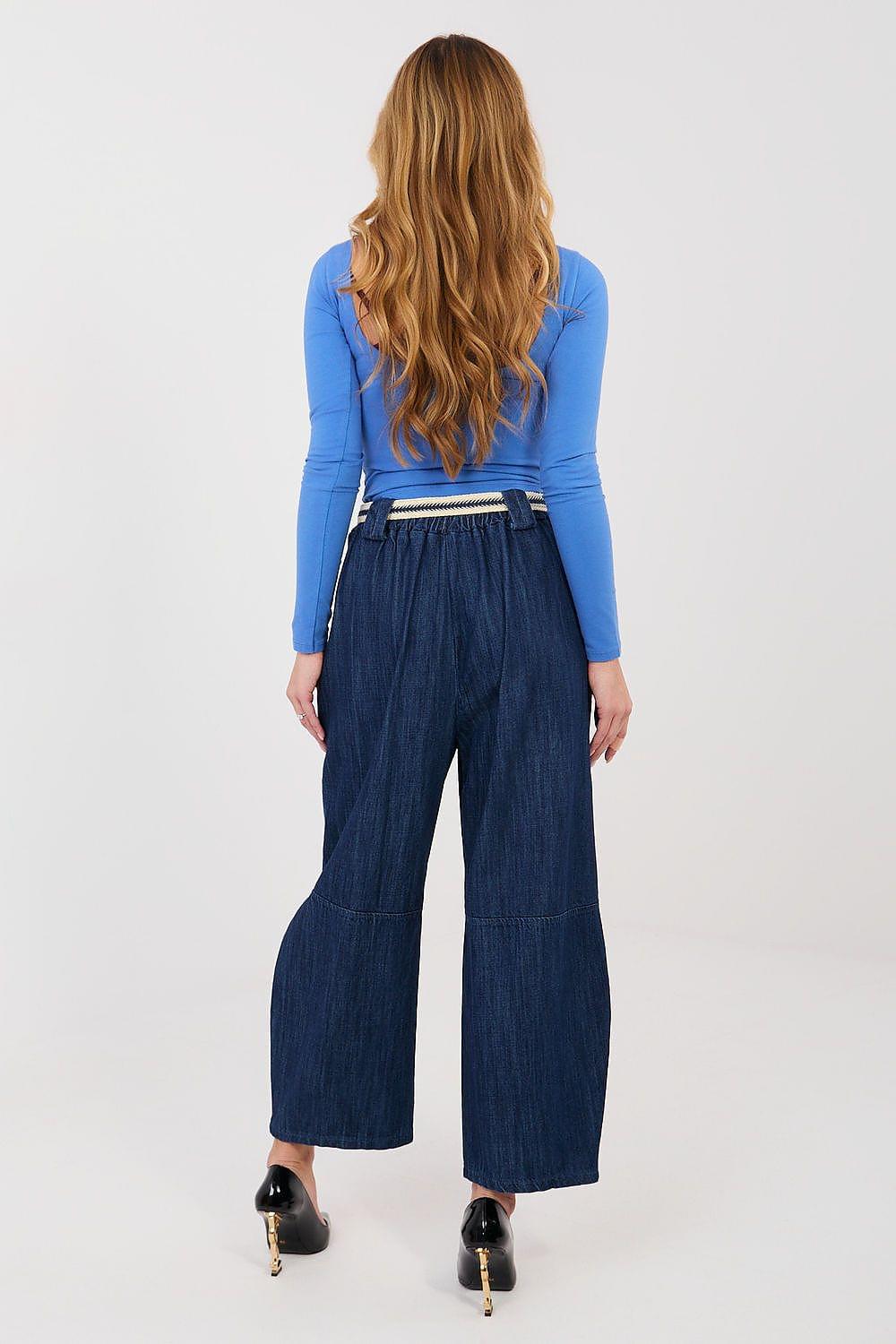 Navy blue wide-leg jeans with belt loops and full-length back view