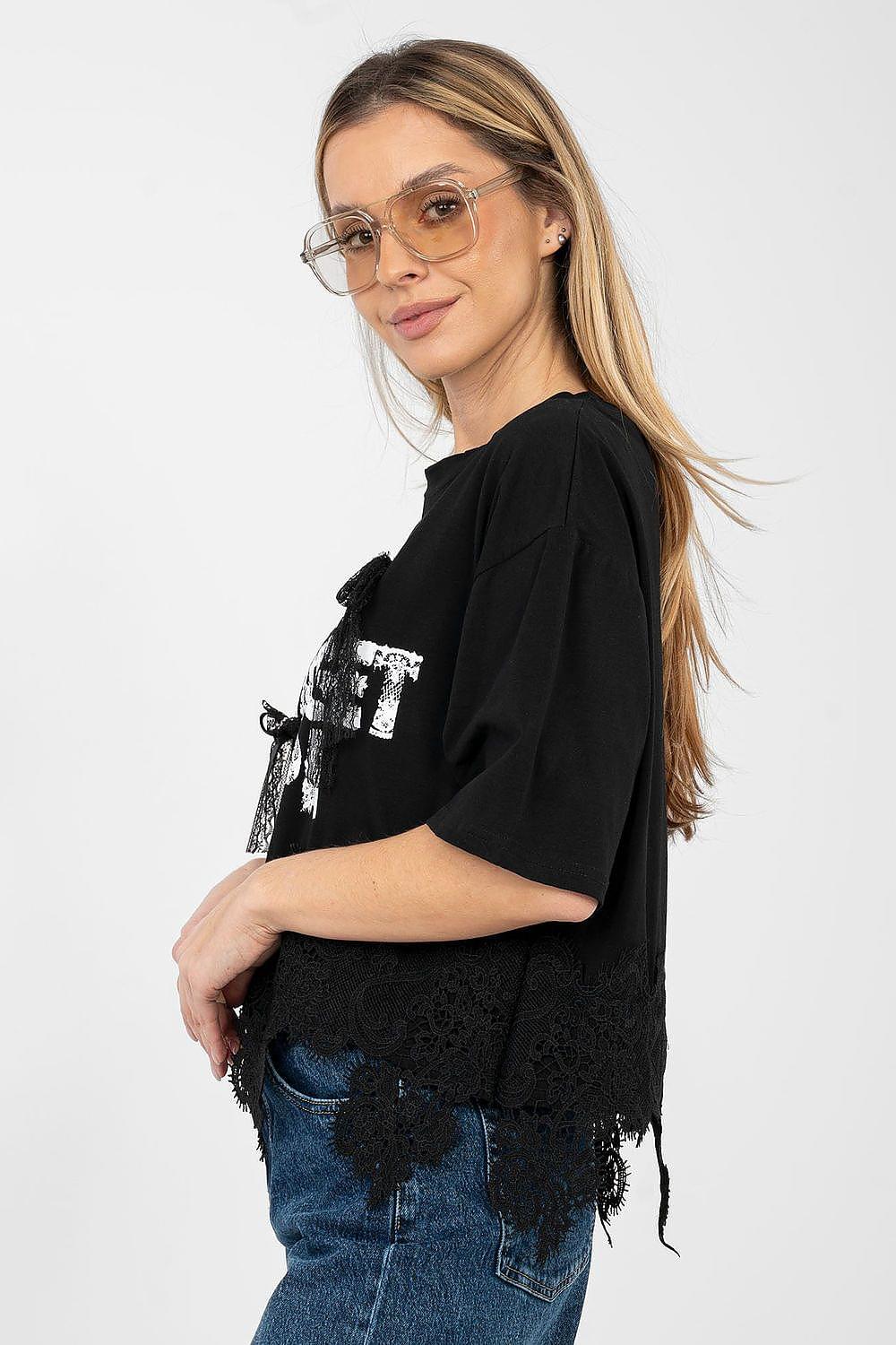 Black graphic print blouse with short sleeves and lace hem
