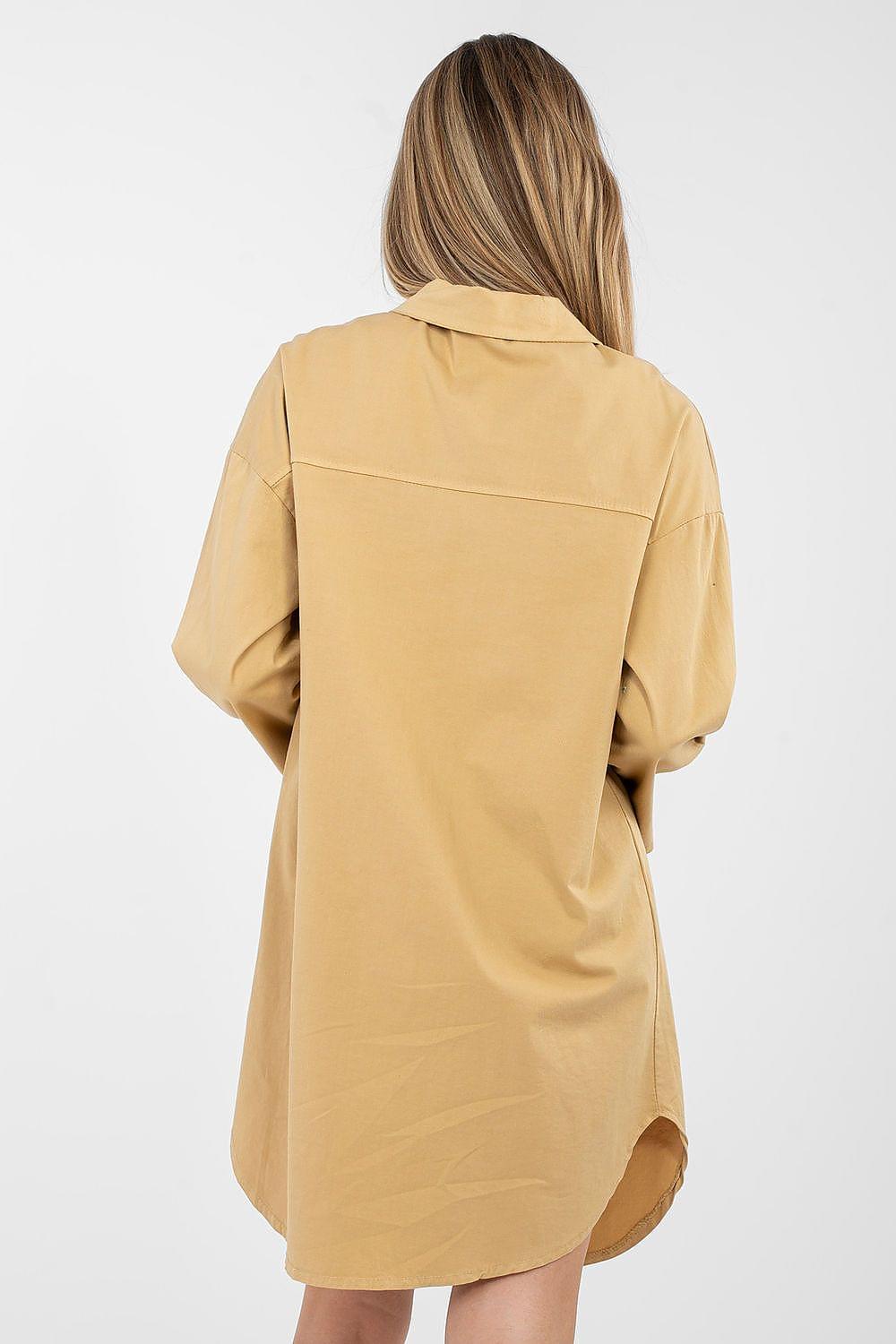 Tan back view of button-up daydress with long sleeves and curved asymmetric hem