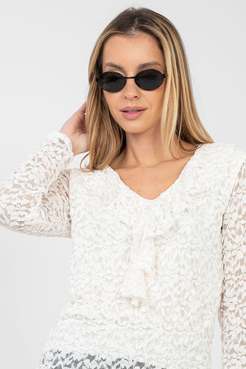 Cream lace blouse with V-neck and long sleeves, lace texture close-up