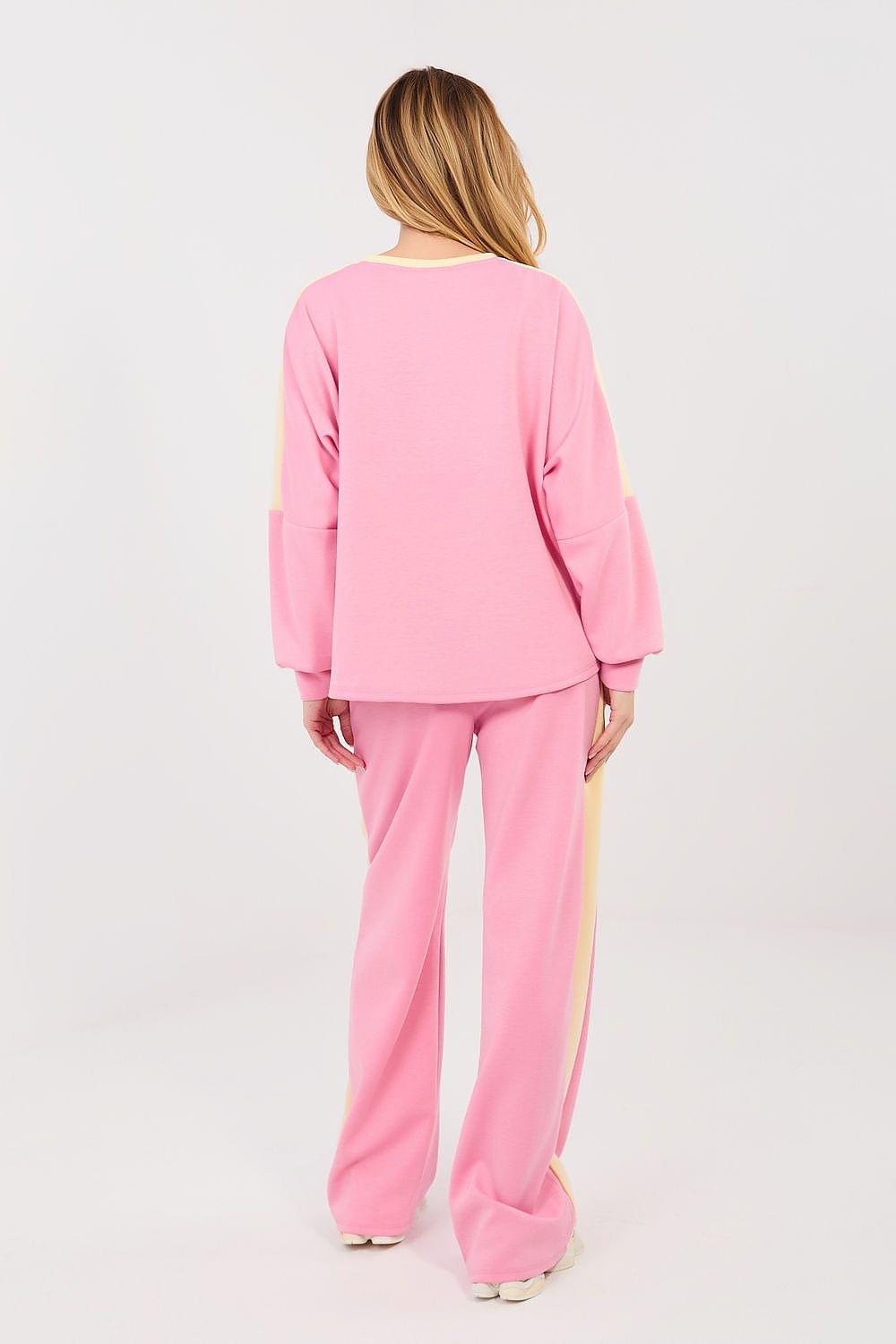Pink long-sleeve top and wide-leg pants two-piece set, back view