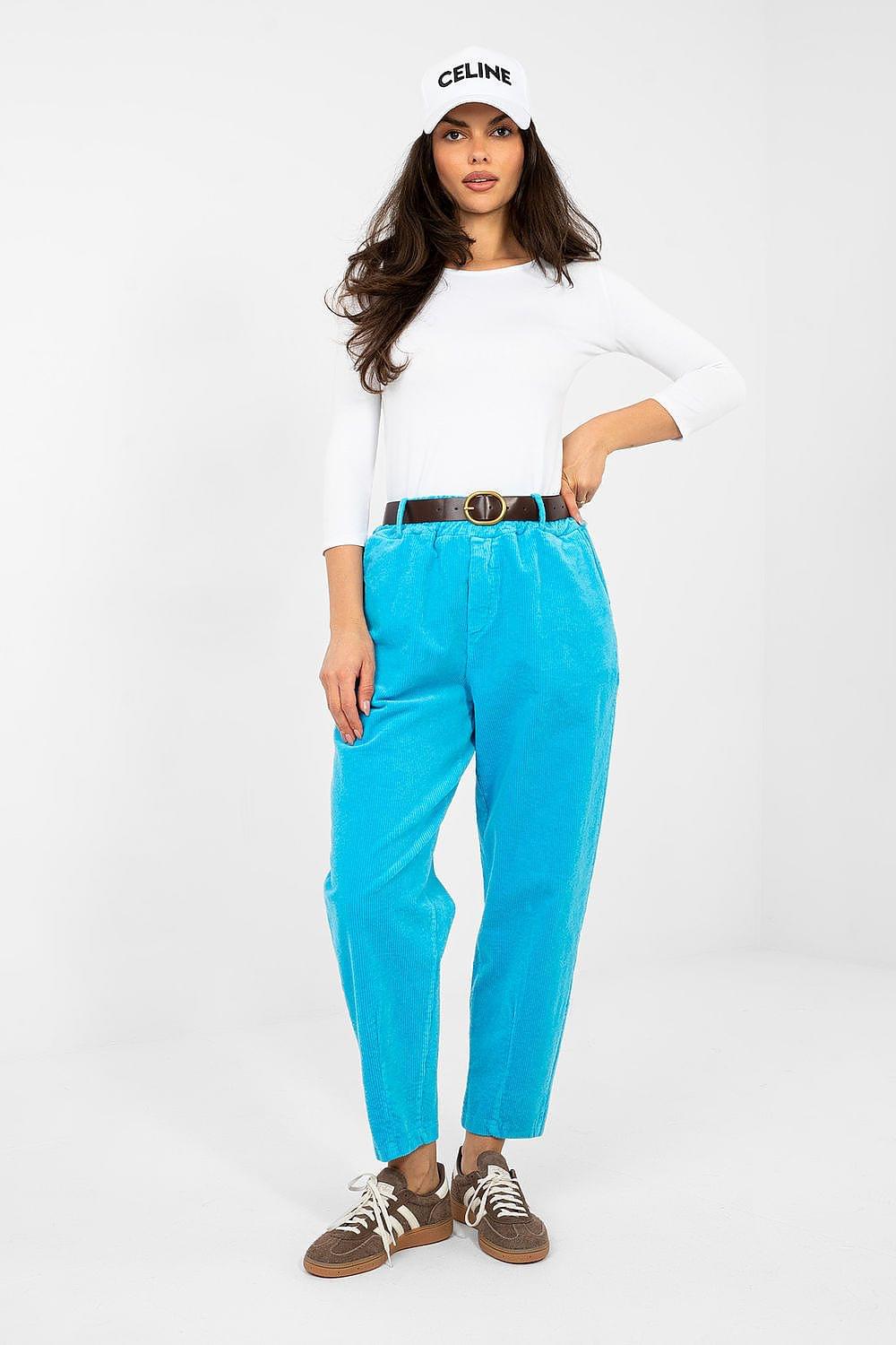 Blue corduroy trousers, front view with belt loops, wide waistband, and cuffed hem