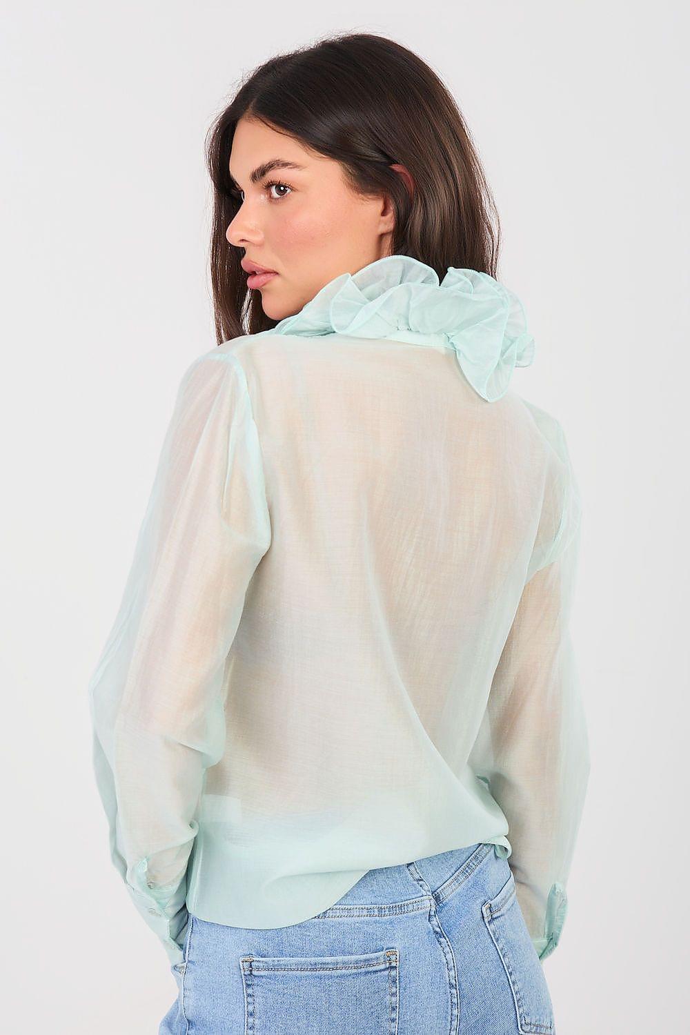 Long sleeve shirt in light mint with ruffle collar, back view