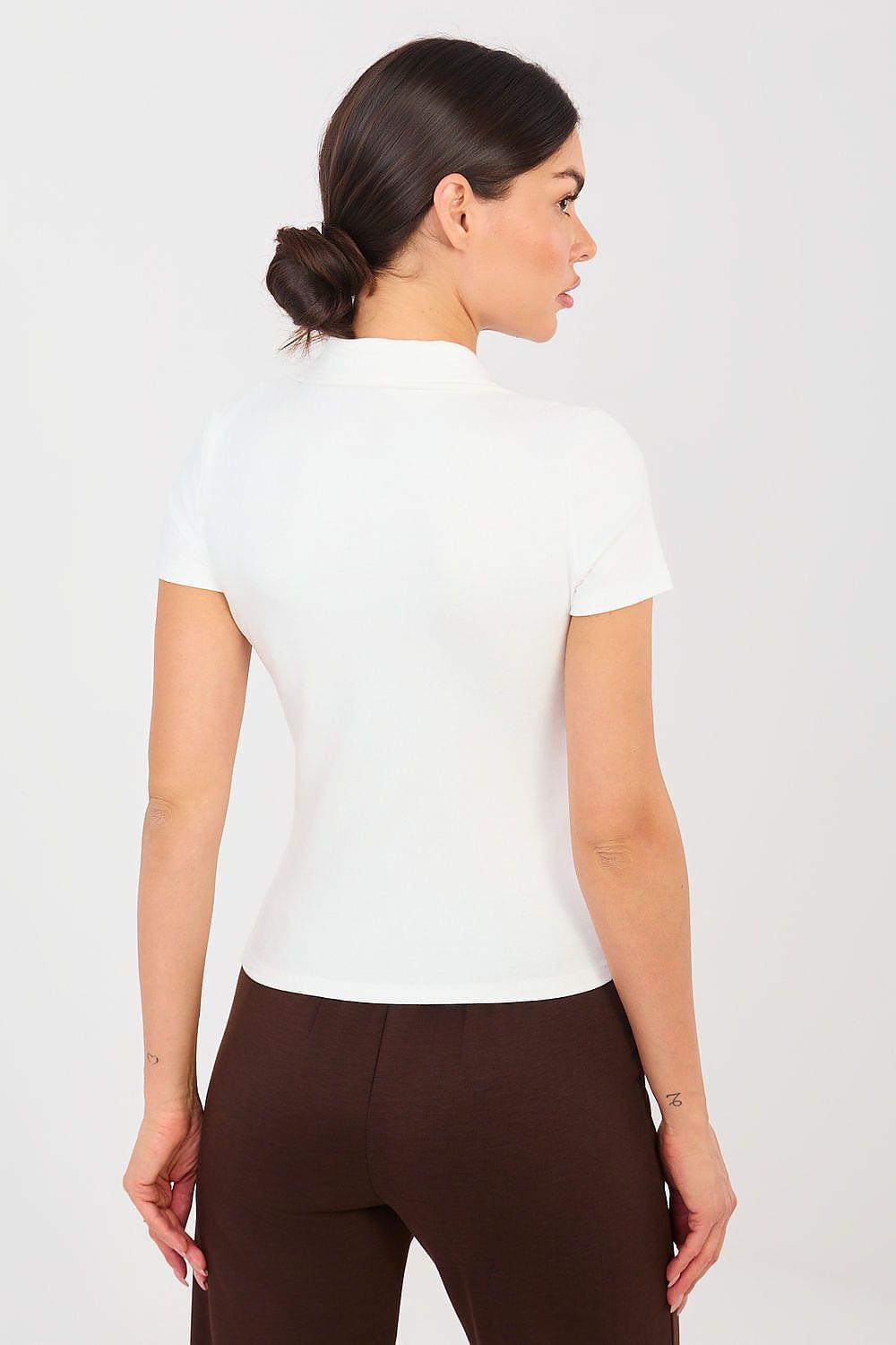 White short-sleeve blouse with collar and button placket, side view