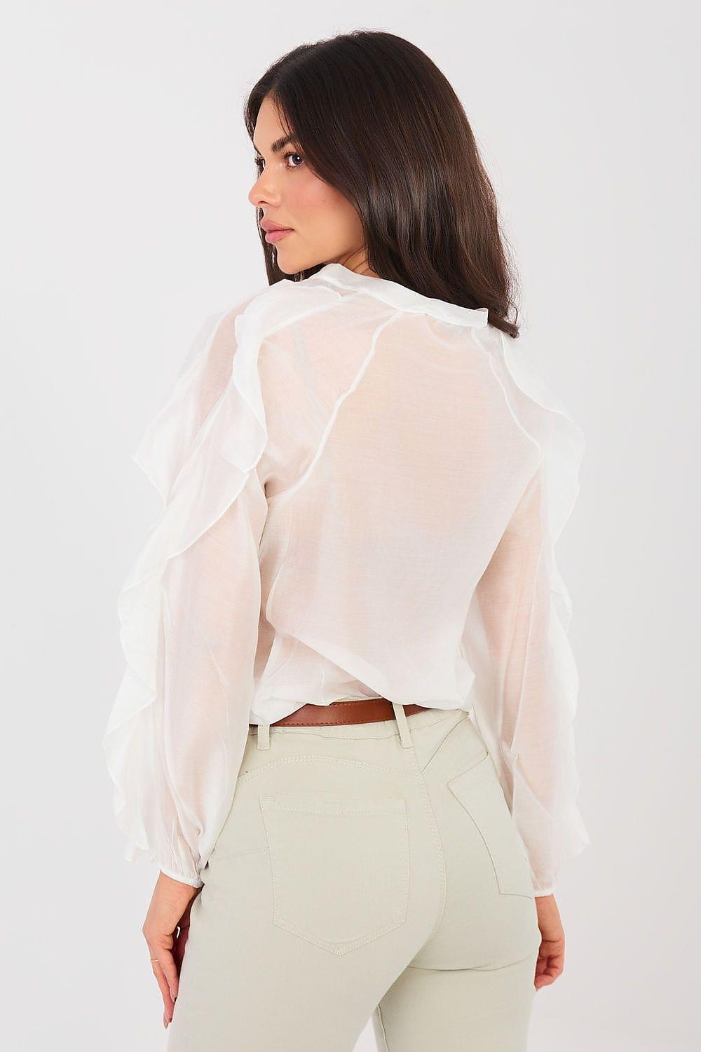White long sleeve shirt, back view, with ruffled sheer shoulders and cuffs