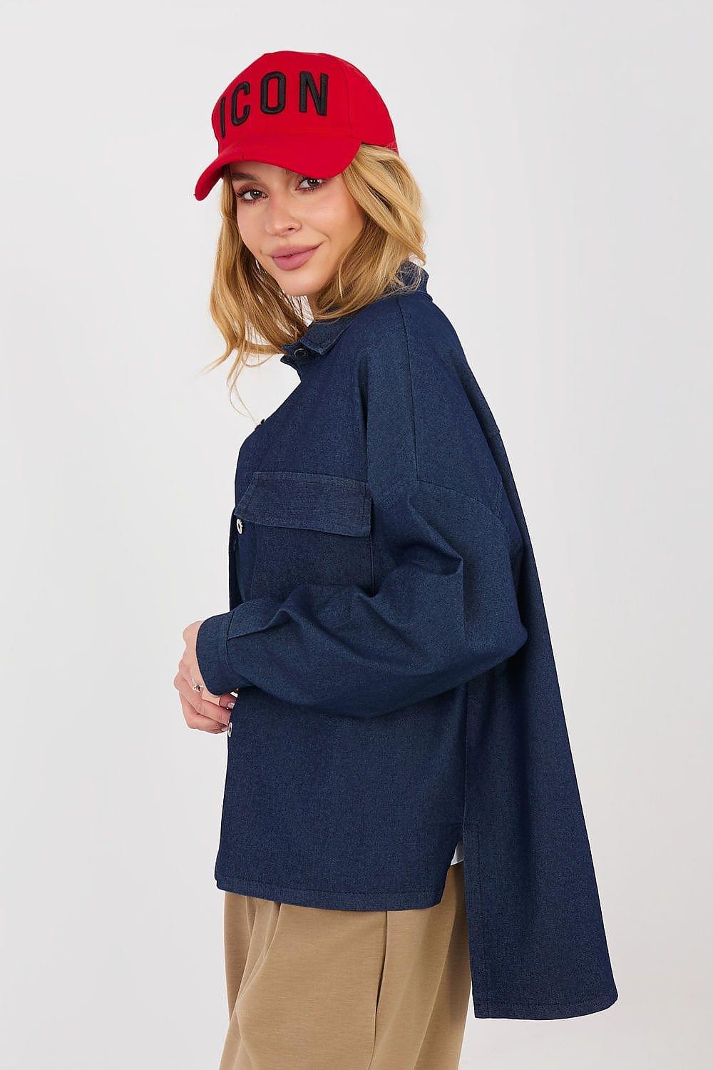 Navy long-sleeve denim shirt with chest pockets, side view, button front.