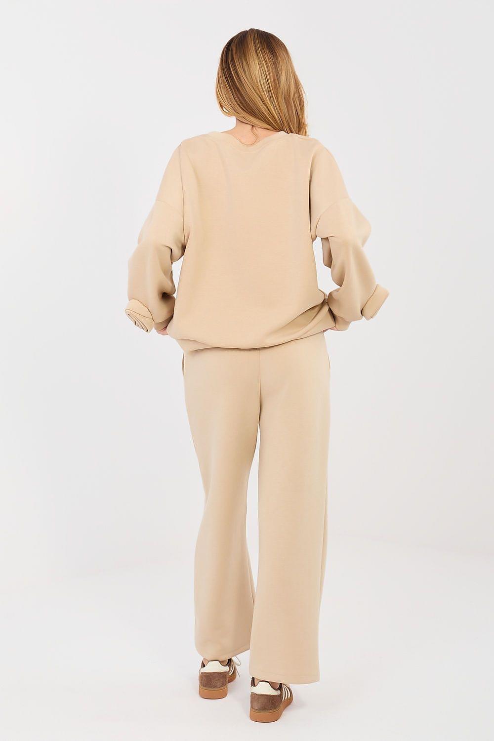 Beige womens lounge set with long-sleeve sweatshirt and wide-leg pants, back view