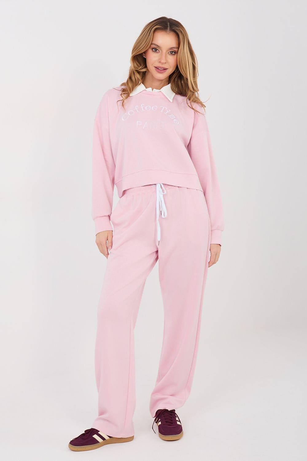 Light pink sweatshirt and jogger pants set, front view with drawstring hood and pants