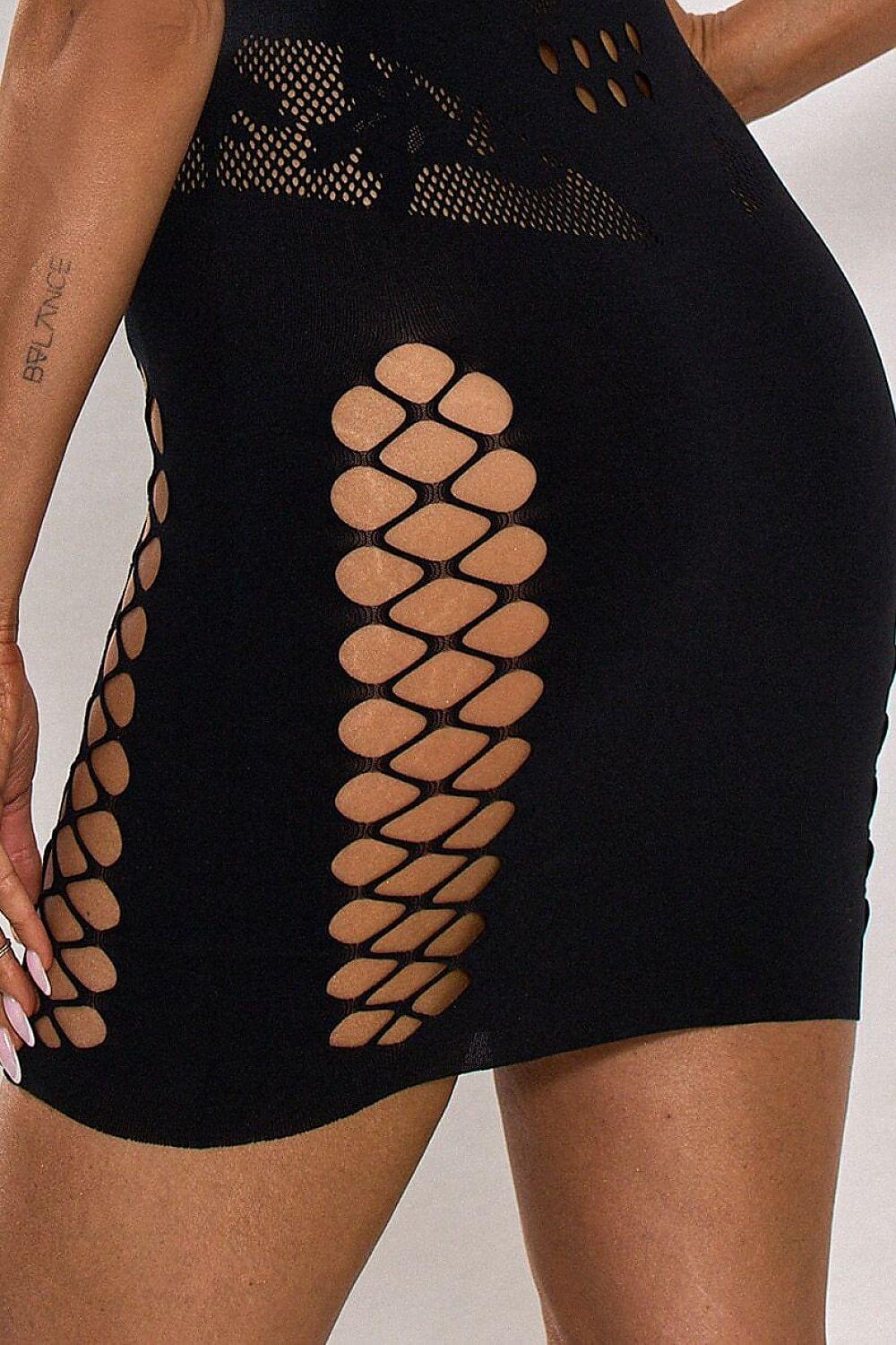 Black mini dress with fishnet cutout panel on lower side