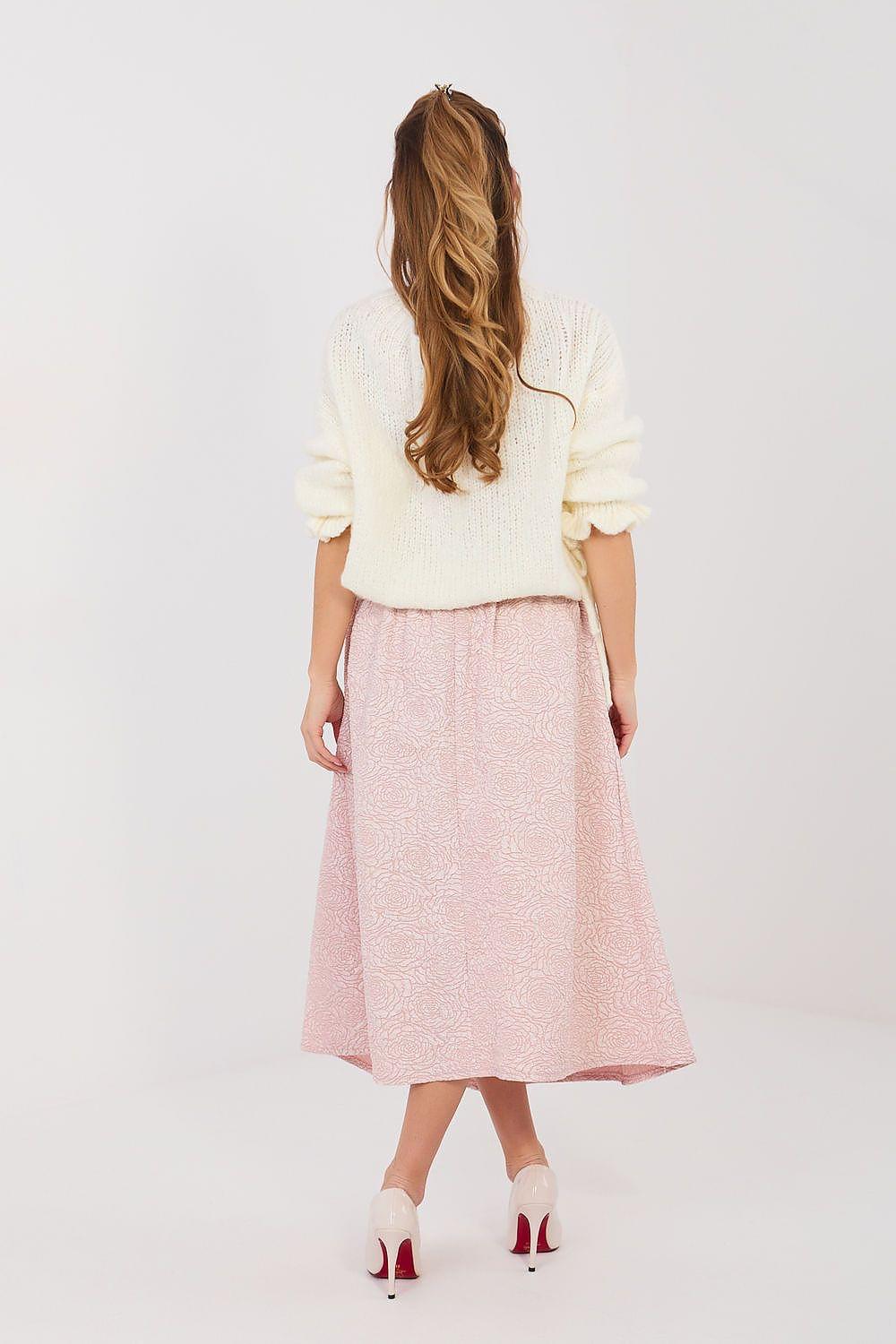 Pink midi A-line skirt with drawstring waist ties; textured fabric