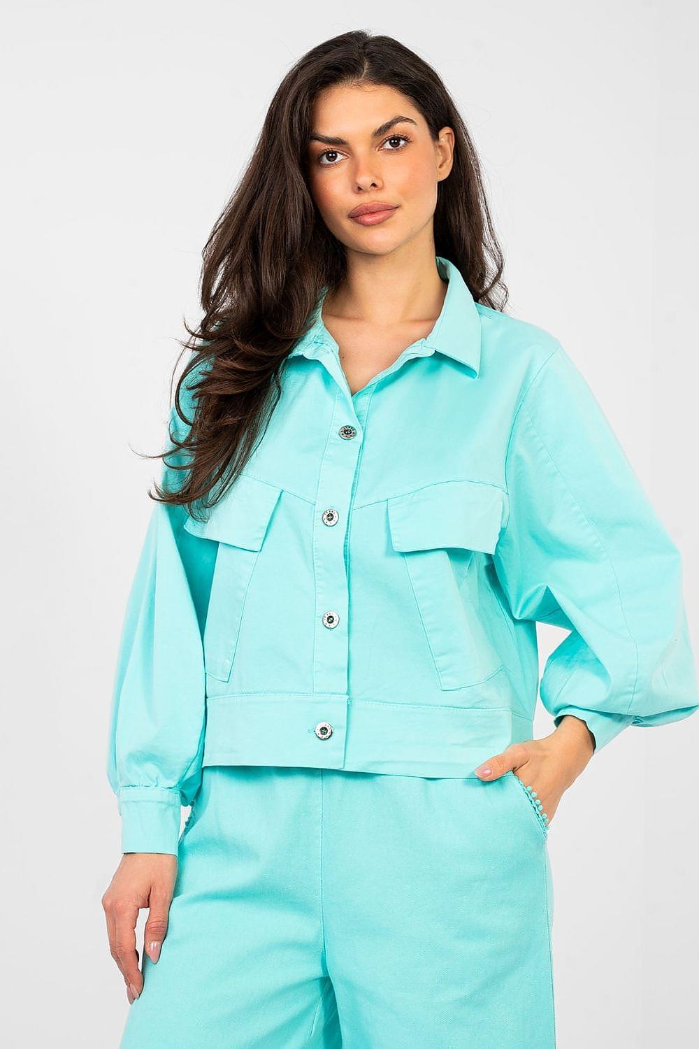 Turquoise long-sleeve shirt with button-front and two chest pockets, Rue Paris