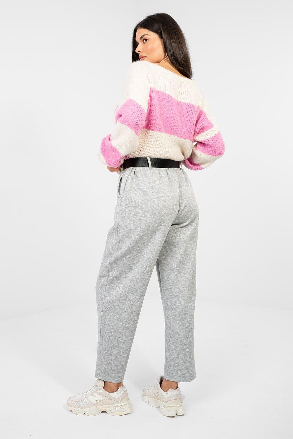 Grey tracksuit trousers with belted waistband and ankle-length cuffed legs