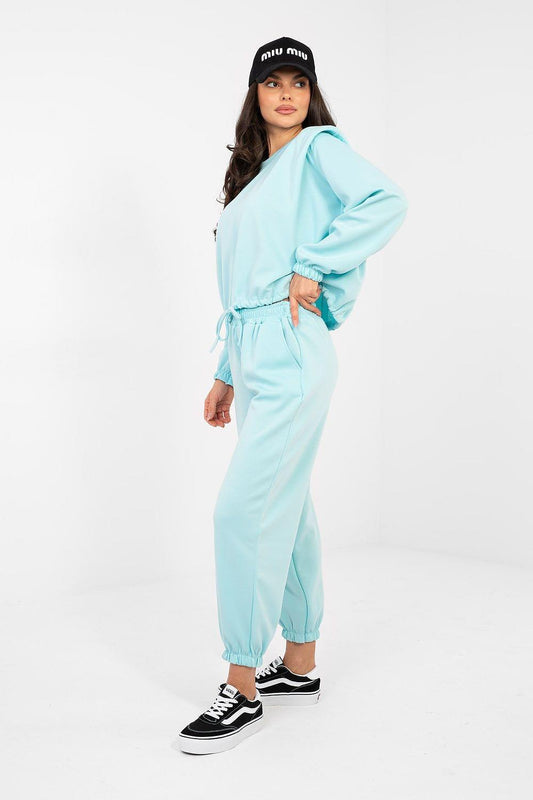 Turquoise sweatshirt and jogger set with drawstring waist and cuffed hems